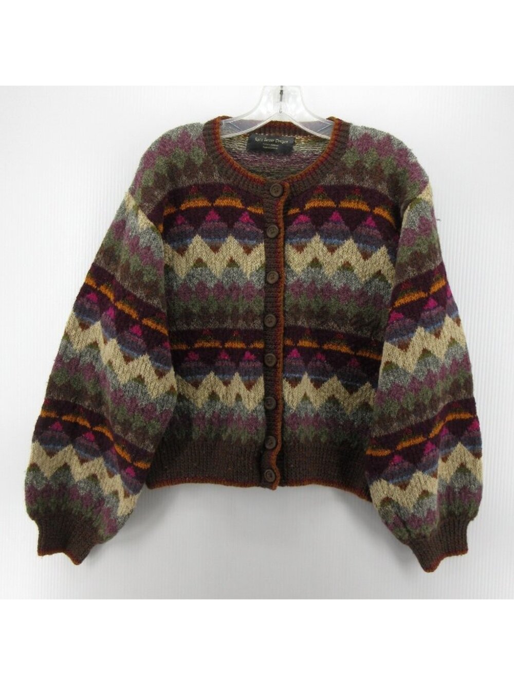 VTG Sweater Large Lynn Turner Cardigan Fair Isle Chevron Art Wool